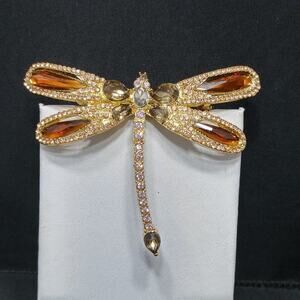 Dragonfly Rhinestone Topaz Brooch, Hallmark on Back, 2 Inches